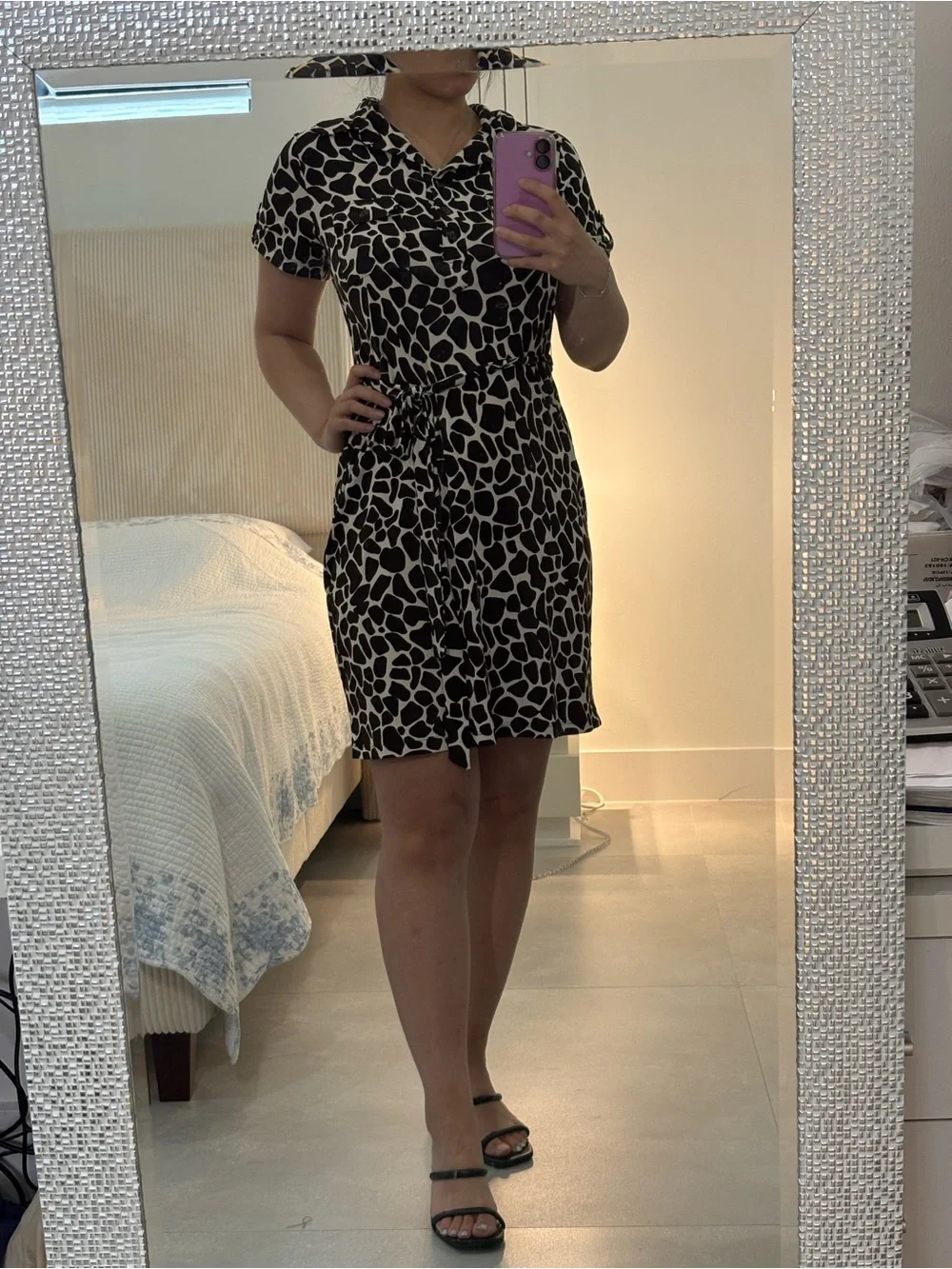 Short Brown and White Printed Shirt Dress